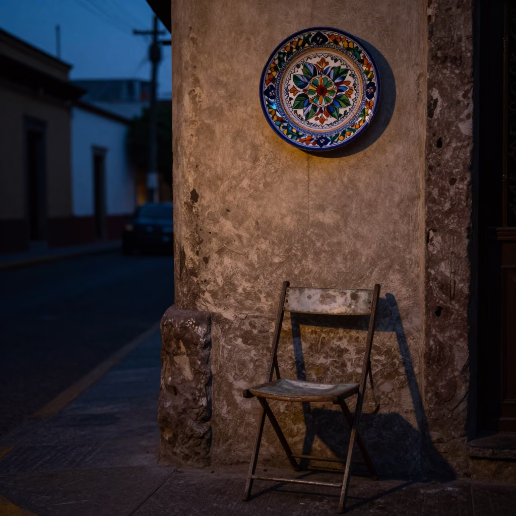 Merida Mexico Predawn Street Scene with Vintage Majolica Plate and Folding Chair in in Merida, Mexico