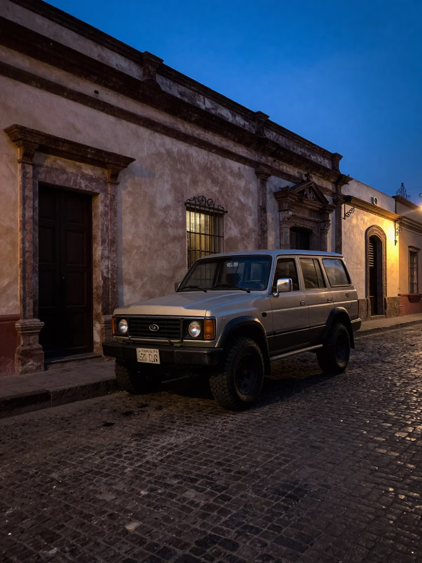 Merida Mexico Predawn Street Scene with Vintage SUV and Grease Sheen in in Merida, Mexico