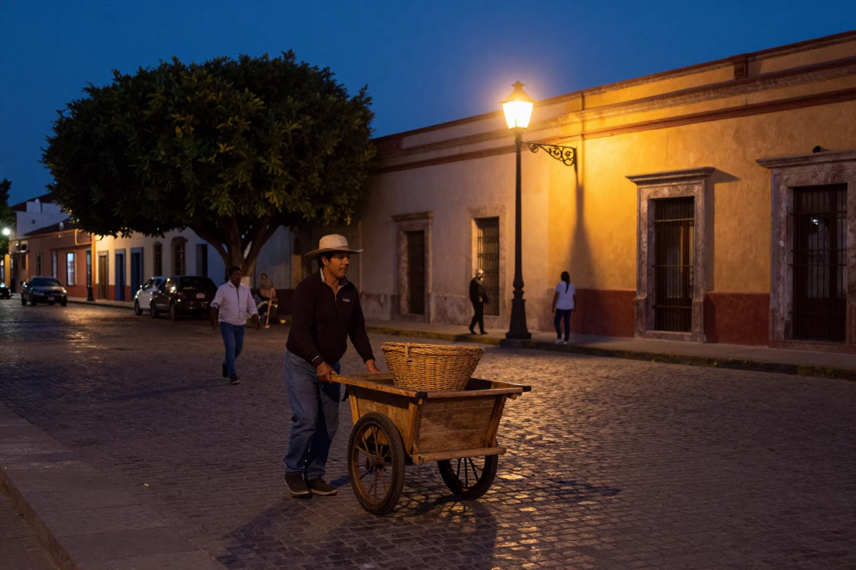 Merida Mexico Predawn Street Scene with Wicker Basket and Morning Light in in Merida, Mexico