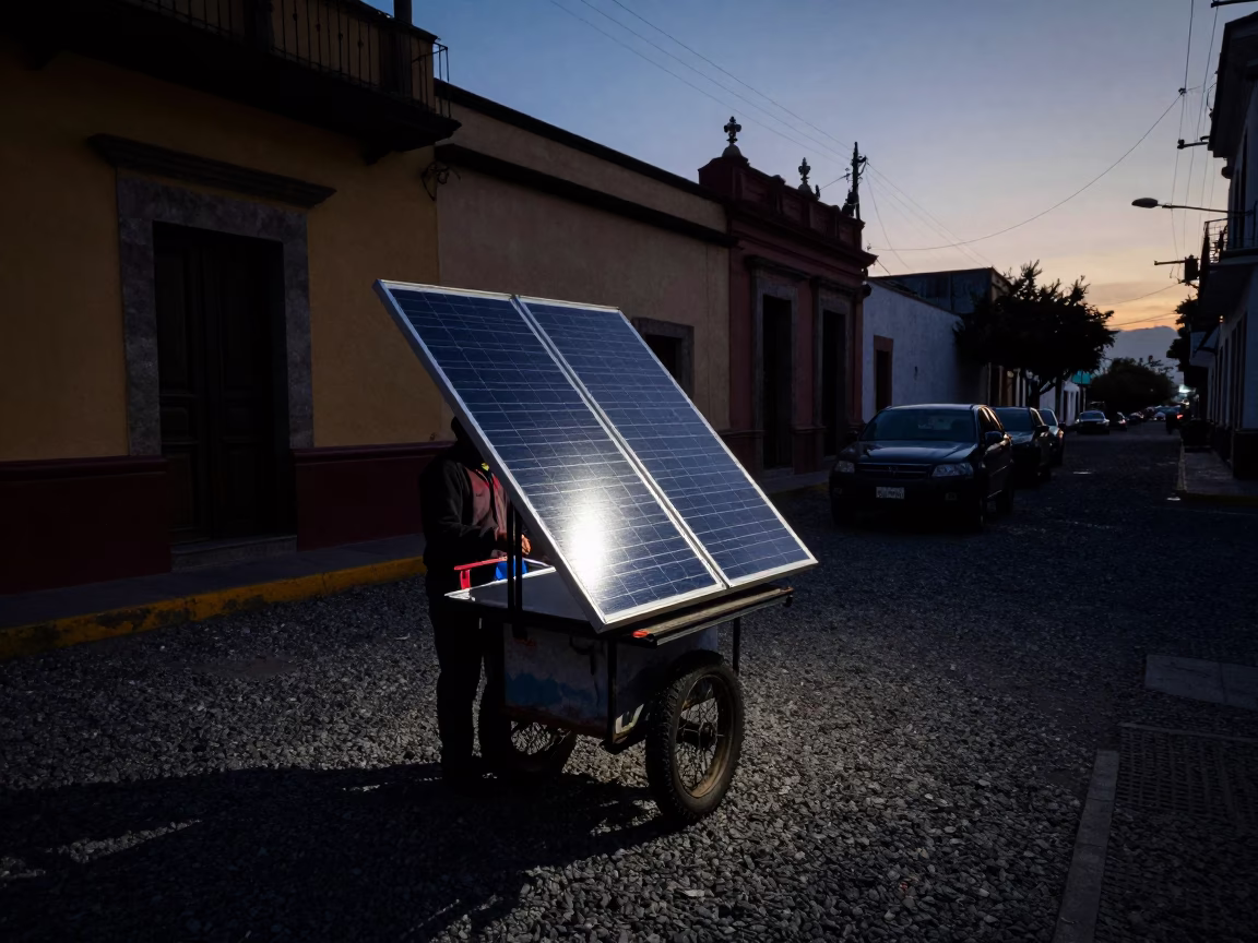 Merida Mexico Predawn Street Vendor with Solar Array and Urban Taillights in in Merida, Mexico