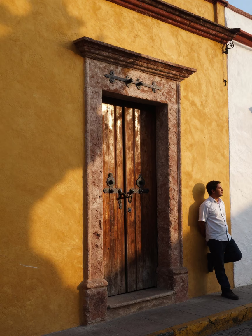 Merida Mexico Street Scene After Sunrise with Iron Deadbolt and Wooden Doorway in in Merida, Mexico