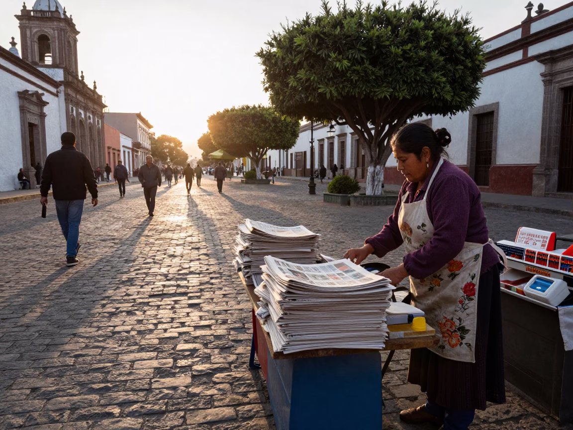Merida Mexico Street Scene After Sunrise with Newspaper Stack and Apron in in Merida, Mexico