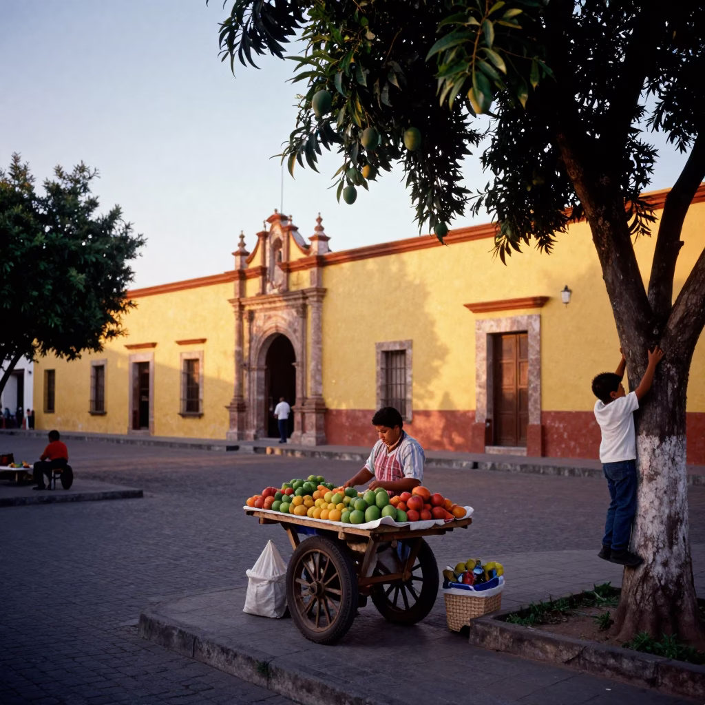 Merida Mexico street scene at dawn with local vendors and colonial architecture in in Merida, Mexico