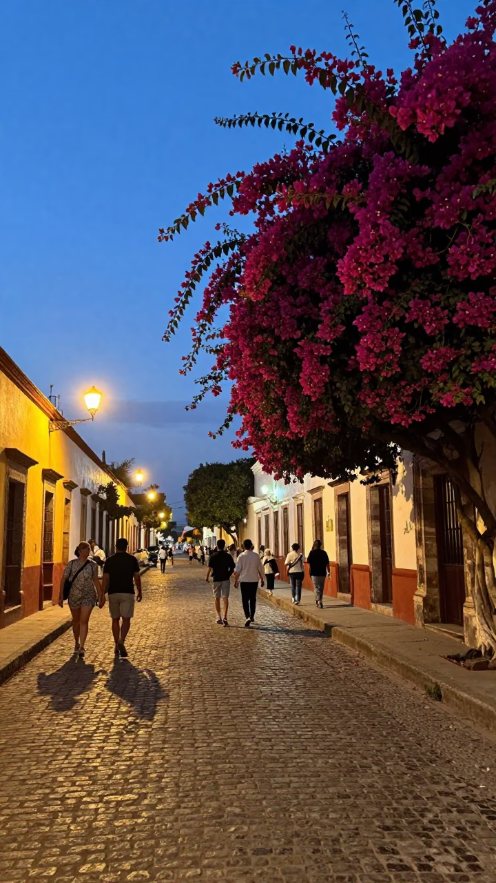 Merida Mexico Street Scene at Dusk with Bougainvillea and Vintage 1980s Atmosphere in in Merida, Mexico
