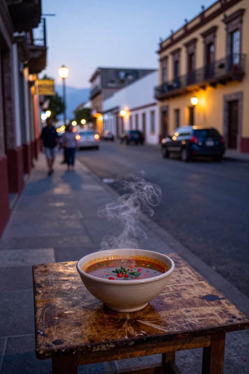 Merida Mexico Street Scene at Dusk with Ceramic Bowl and Coffee Grinder in in Merida, Mexico