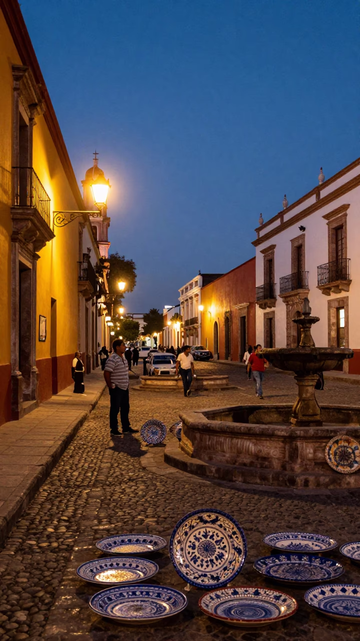 Merida Mexico Street Scene at Dusk with Majolica Plates and Scooter in in Merida, Mexico