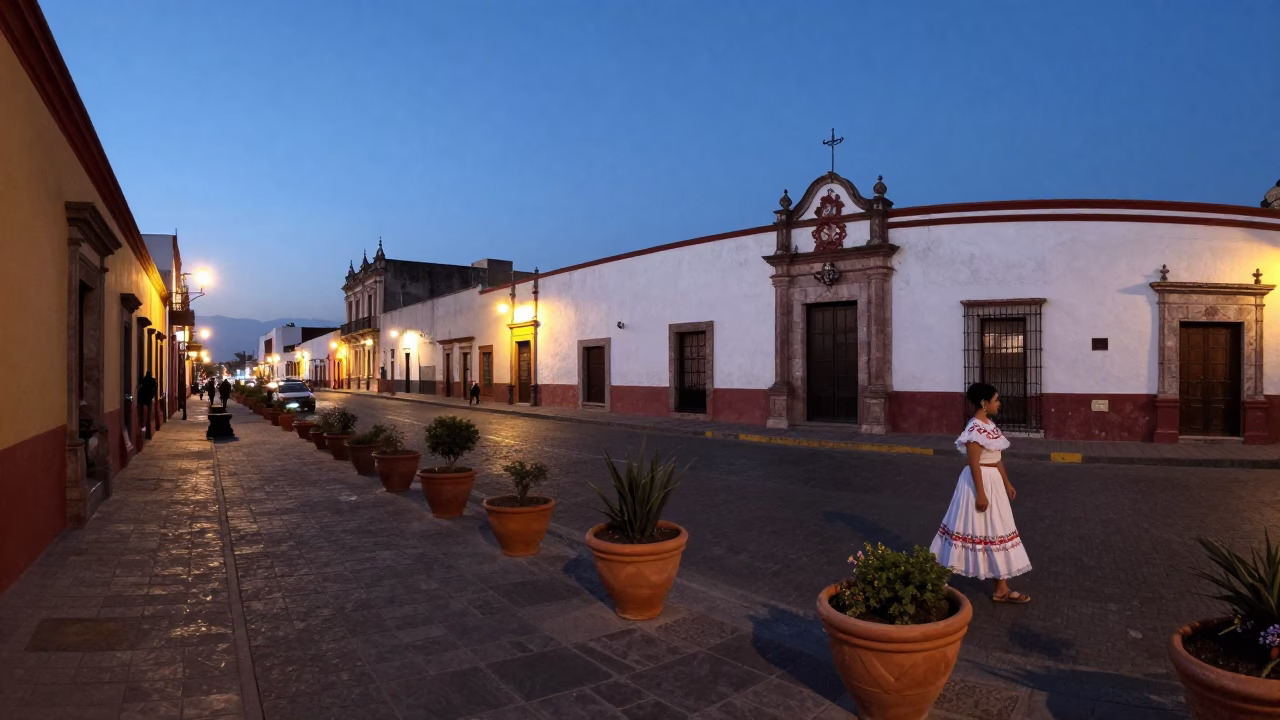 Merida Mexico Street Scene at Dusk with Terracotta Pots and Stair Rail in in Merida, Mexico