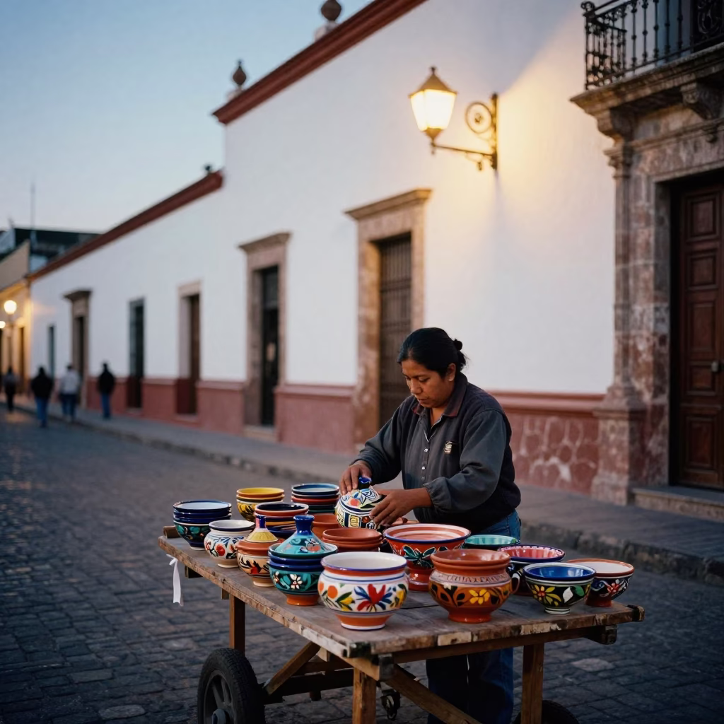 Merida Mexico Street Scene at Dusk with Traditional Pottery and Colonial Architecture in in Merida, Mexico