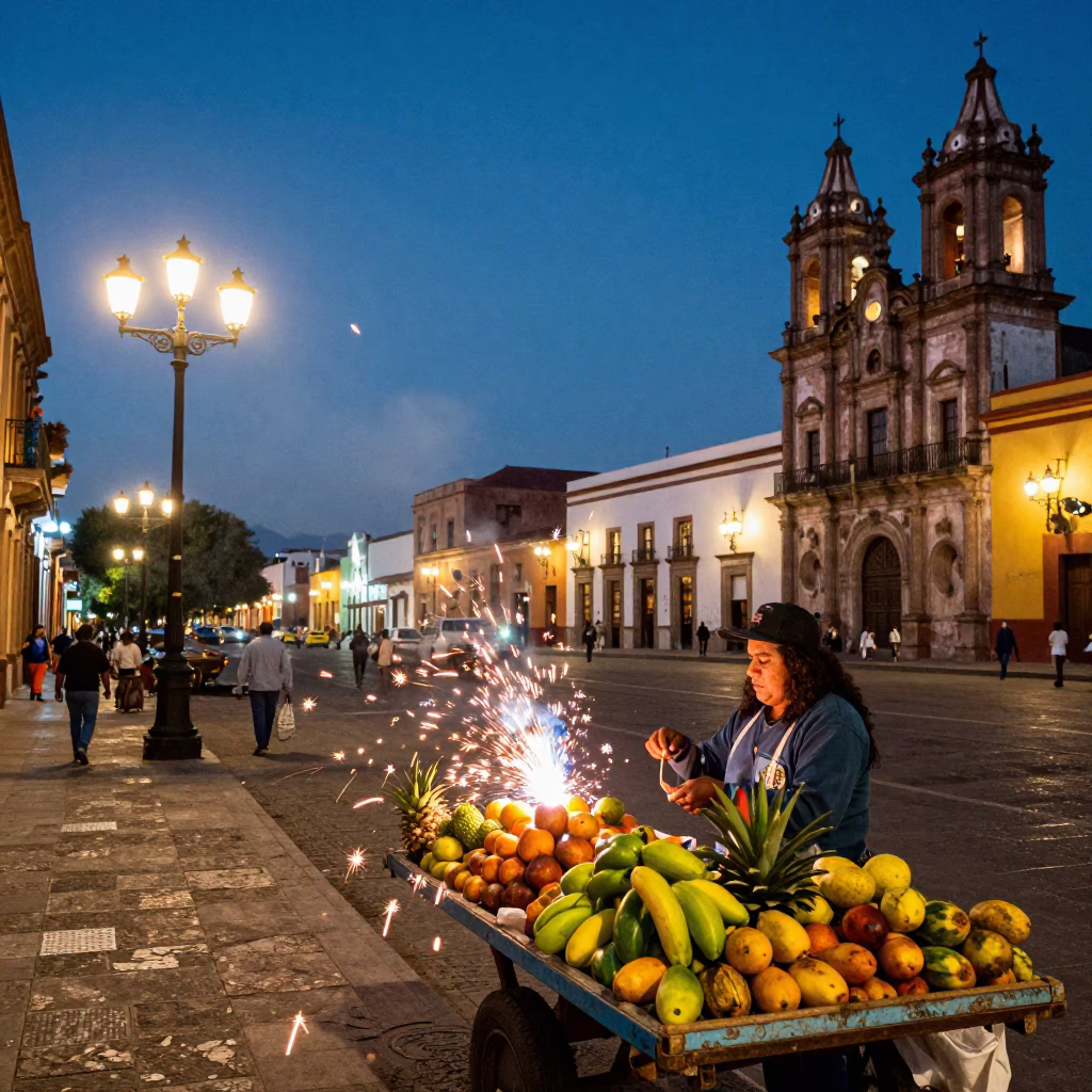 Merida Mexico Street Scene at Dusk with Welding Sparks and Busy Urban Activity in in Merida, Mexico