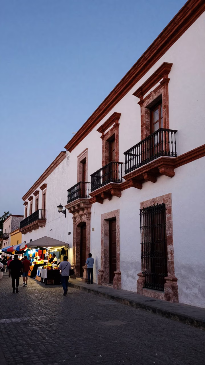 Merida Mexico Street Scene at Nautical Dawn with Local Market Activity and Colonial Architecture in in Merida, Mexico