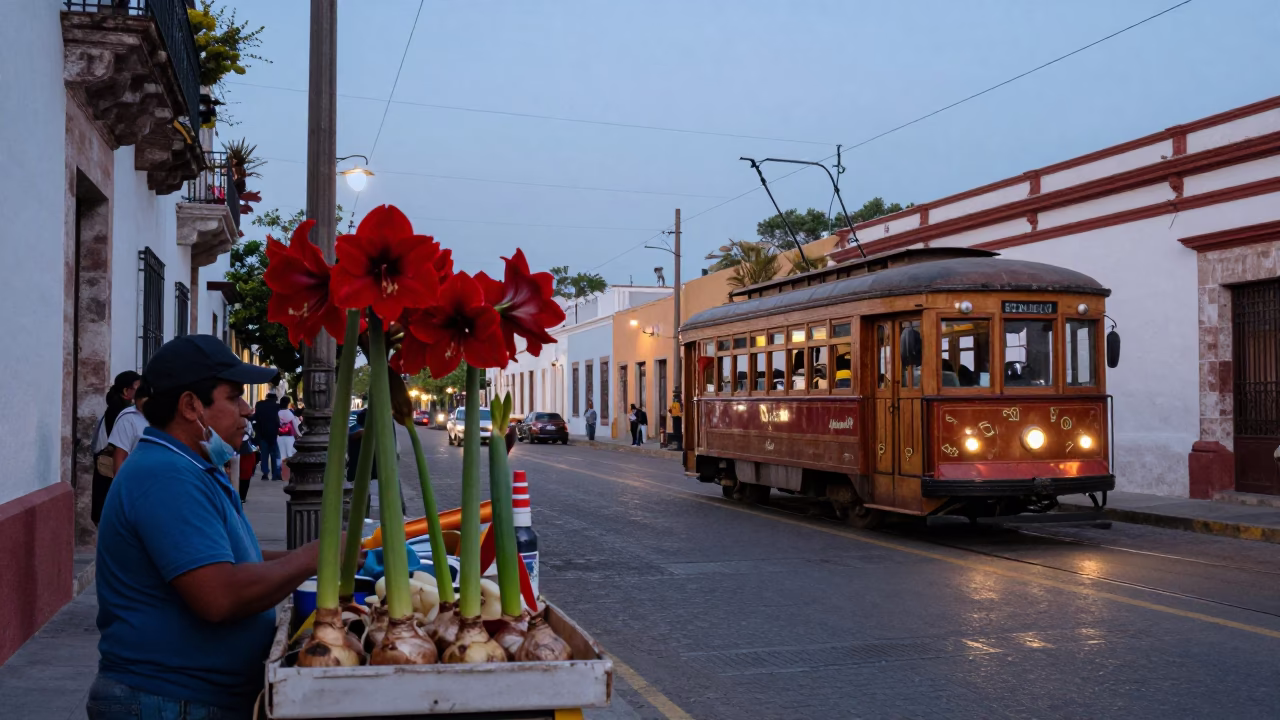 Merida Mexico Street Scene at Nautical Dawn with Tramcar and Amaryllis Blooms in in Merida, Mexico