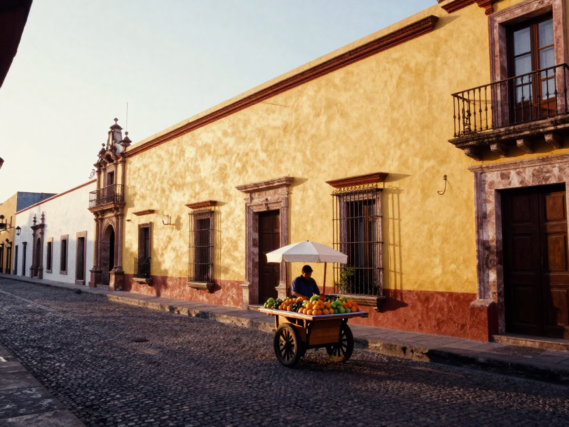 Merida Mexico Street Scene at Sunrise with Colonial Architecture and Local Life in in Merida, Mexico