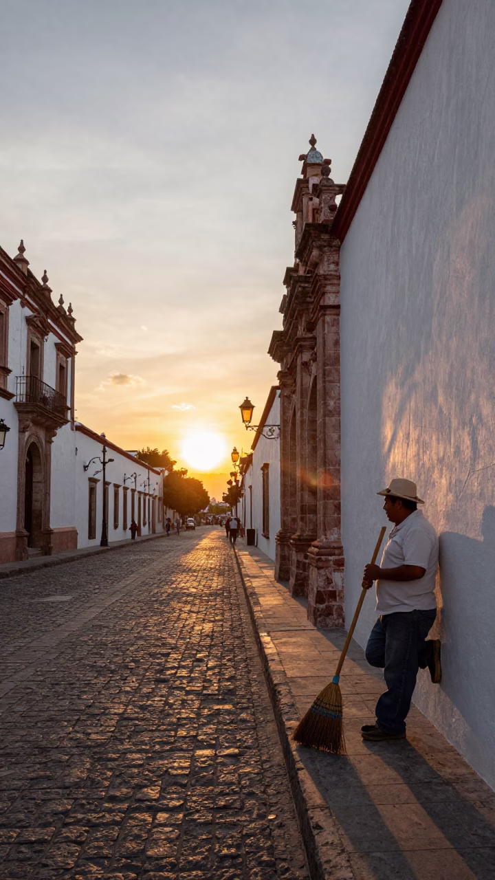 Merida Mexico Street Scene at Sunset with Broom and Coffee Mugs in in Merida, Mexico