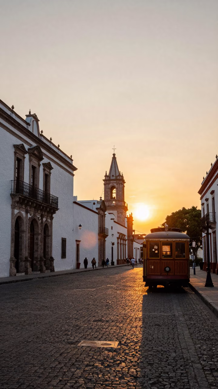 Merida Mexico street scene at sunset with colonial architecture and local life in in Merida, Mexico
