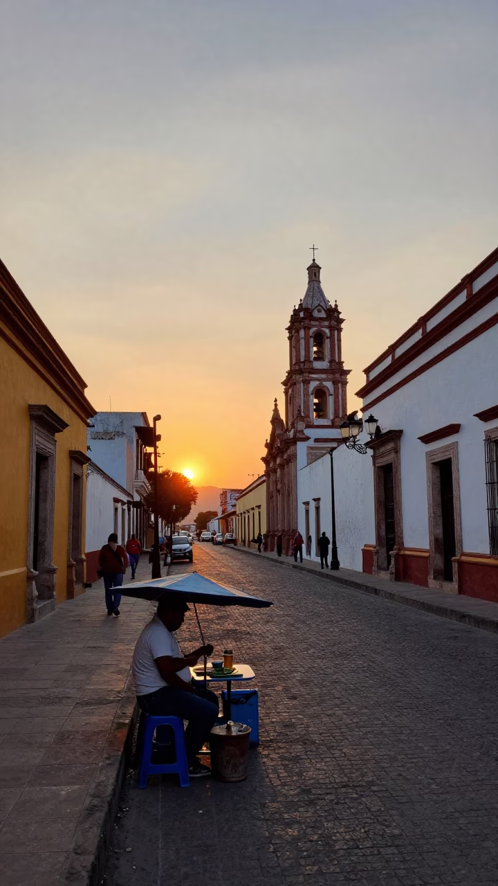 Merida Mexico Street Scene at Sunset with Local Vendor and Vintage Details in in Merida, Mexico