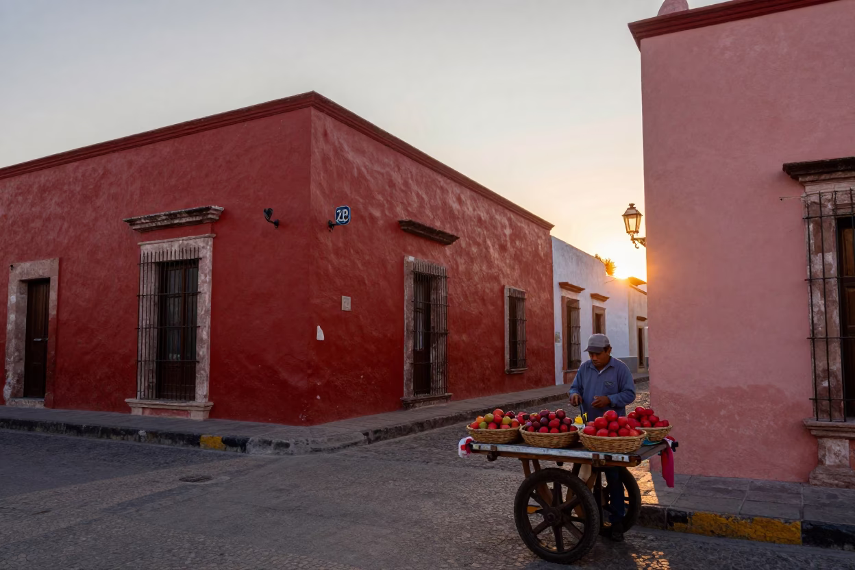 Merida Mexico street scene at sunset with red colonial architecture and local vendors in in Merida, Mexico