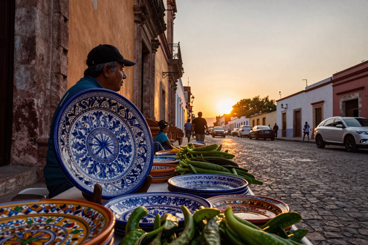 Merida Mexico Street Scene at Sunset with Vintage Majolica Plate and Wicker Basket in in Merida, Mexico