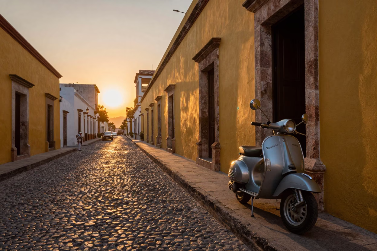 Merida Mexico Street Scene at Sunset with Vintage Vespa and Local Life in in Merida, Mexico