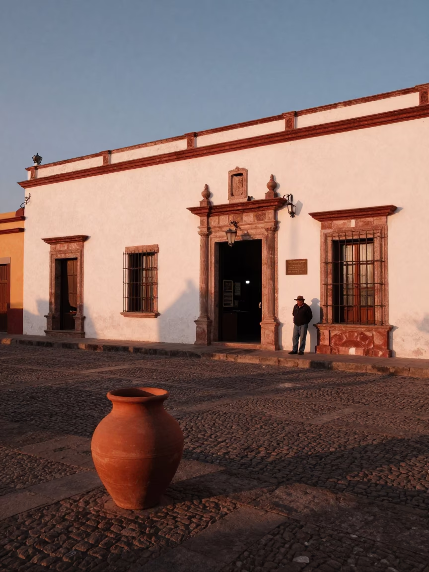 Merida Mexico Street Scene Before Dusk with Clay Pot and Cobblestone Plaza in in Merida, Mexico