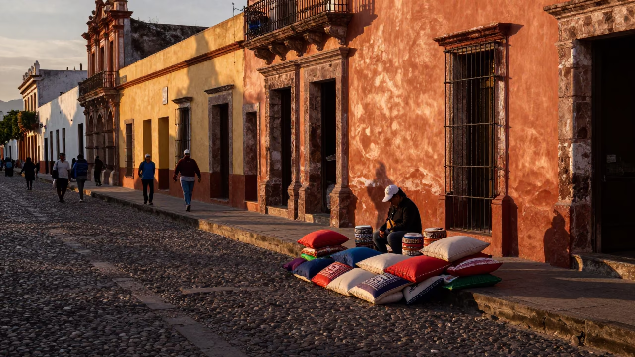 Merida Mexico Street Scene Before Dusk with Cushions and Local Life in in Merida, Mexico