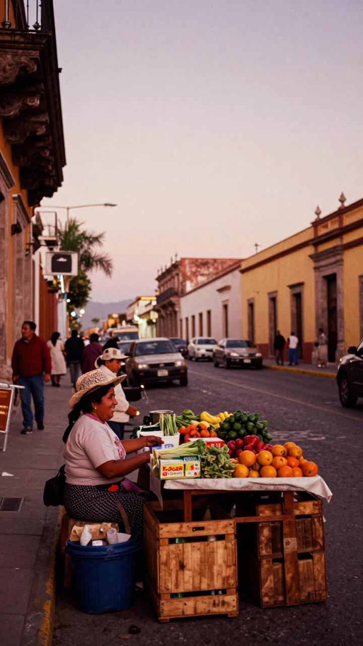 Merida Mexico Street Scene Before Dusk with Local Vendor and Foxglove Flowers in in Merida, Mexico