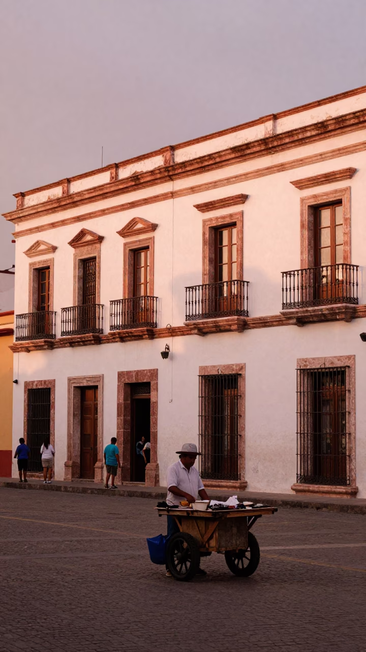Merida Mexico Street Scene Before Dusk with Local Vendor and Newspaper Stack in in Merida, Mexico
