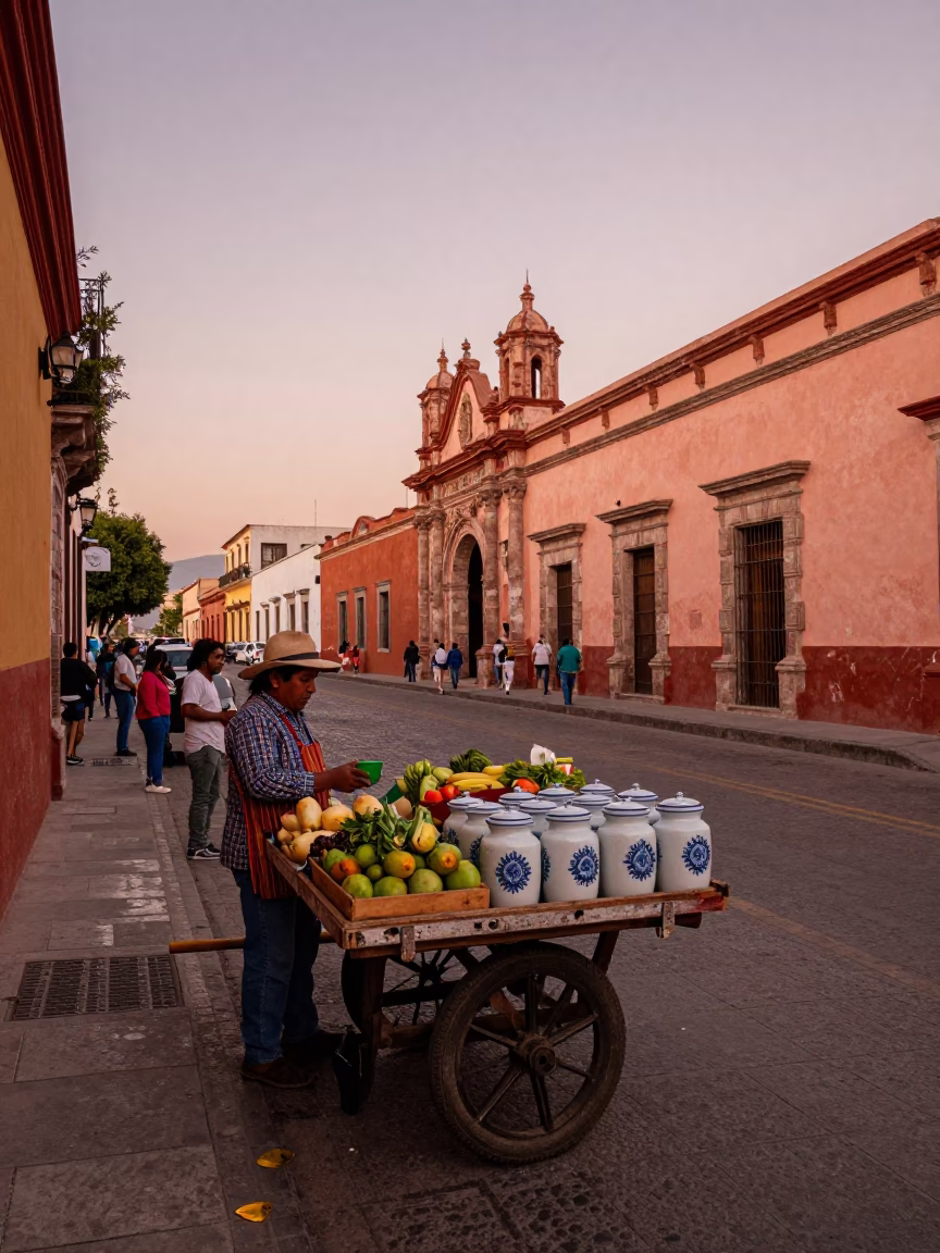 Merida Mexico Street Scene Before Dusk with Local Vendor and Traditional Elements in in Merida, Mexico
