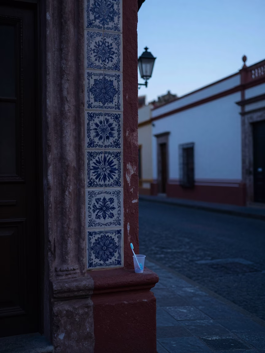 Merida Mexico Street Scene Before Sunrise with Ceramic Tiles and Toothbrush Cup in in Merida, Mexico