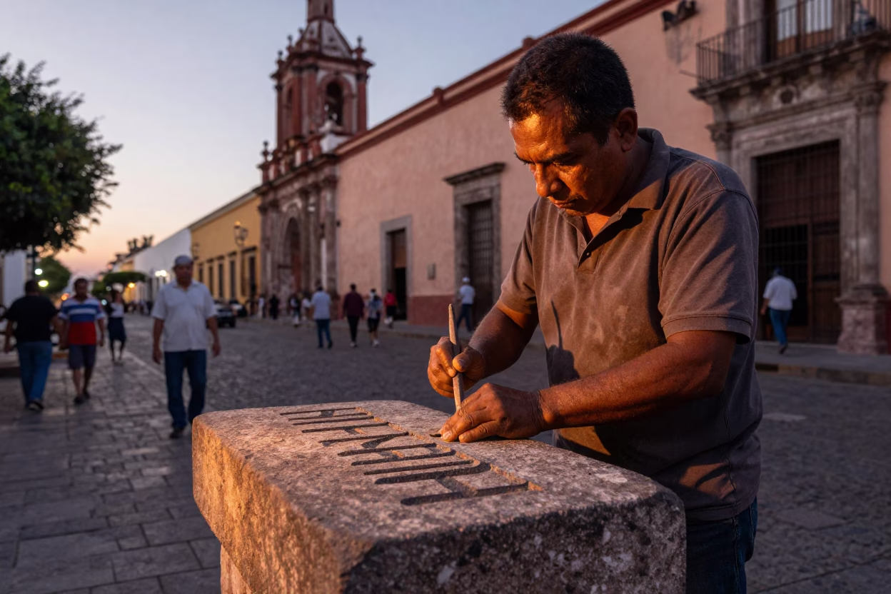 Merida Mexico Street Scene Copper Dusk Light Stone Mason Carving Letters Local Craftsmanship in in Merida, Mexico