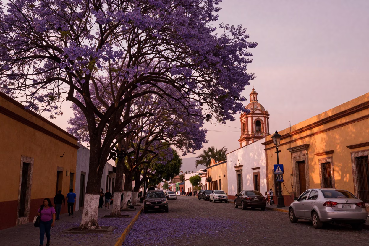 Merida Mexico Street Scene Copper Dusk Light with Jacaranda Tree and Local Life in in Merida, Mexico