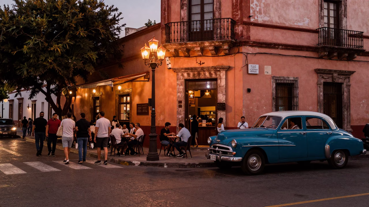 Merida Mexico Street Scene Copper Light Before Dusk Busy Entertaining 1970s Style in in Merida, Mexico