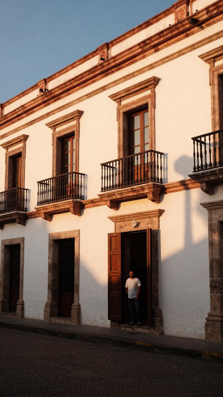 Merida Mexico Street Scene Copper Light Before Dusk Colonial Balcony in in Merida, Mexico