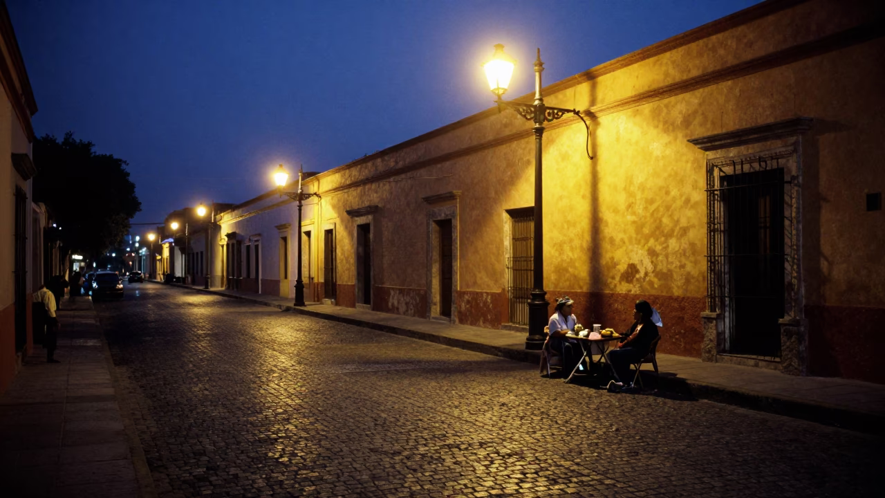 Merida Mexico street scene in predawn darkness with local vendor and street lights in in Merida, Mexico