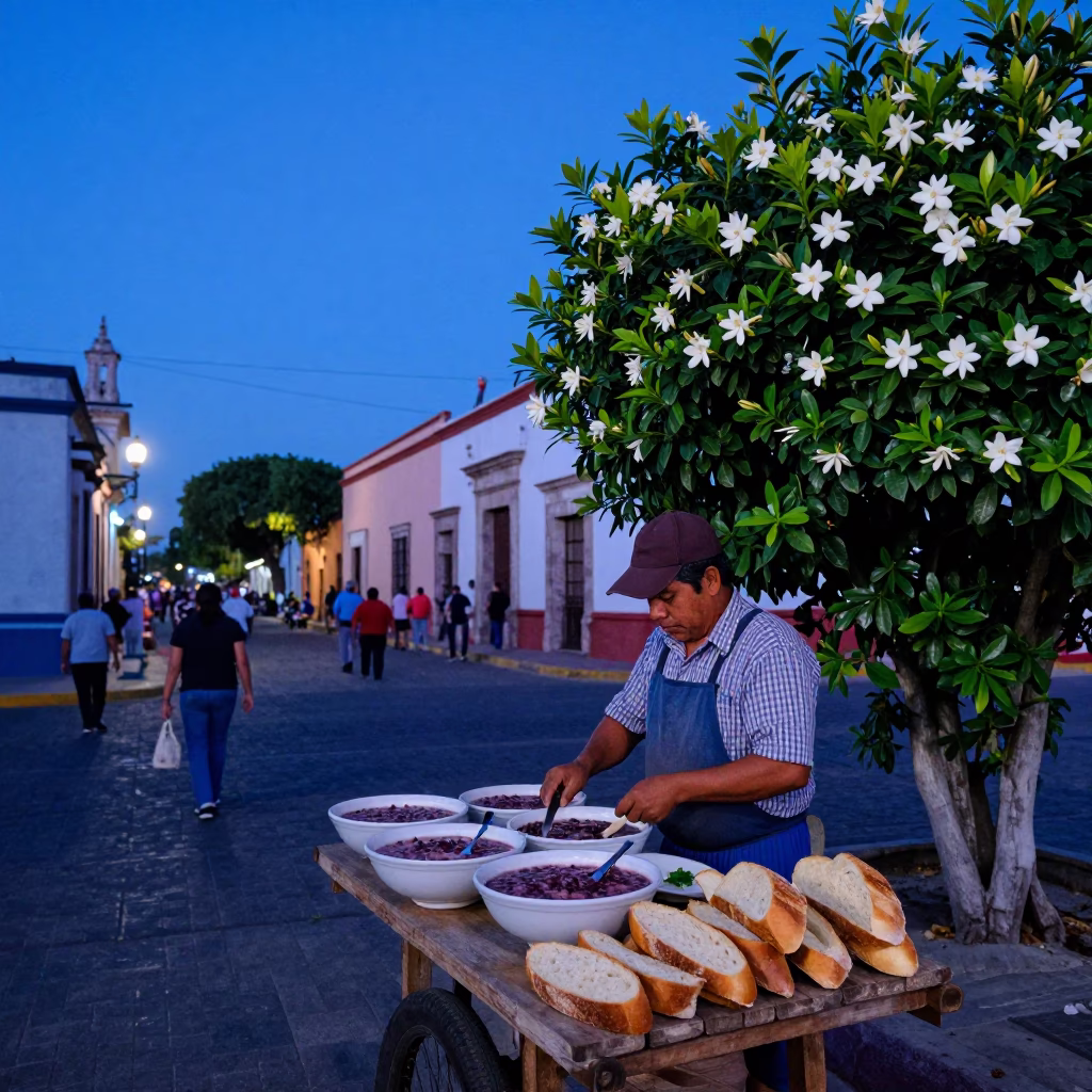 Merida Mexico Street Scene Indigo Twilight with Gardenia Bush and Linen Fringe in in Merida, Mexico