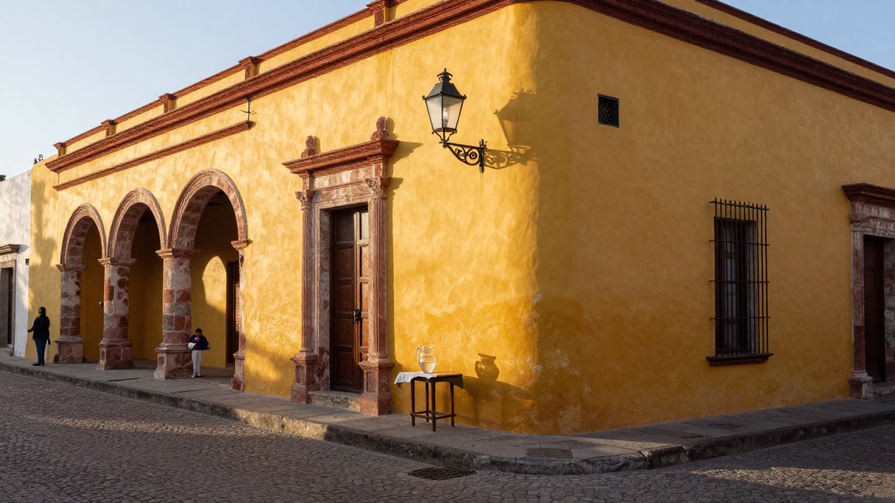 Merida Mexico Street Scene Just After Sunrise with Lantern and Glass Pitcher in in Merida, Mexico