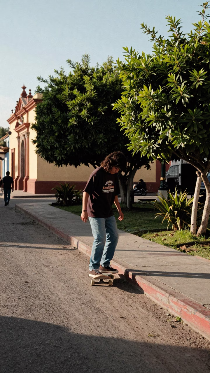 Merida Mexico Street Scene Late Afternoon with Skateboard and Garden Benches in in Merida, Mexico