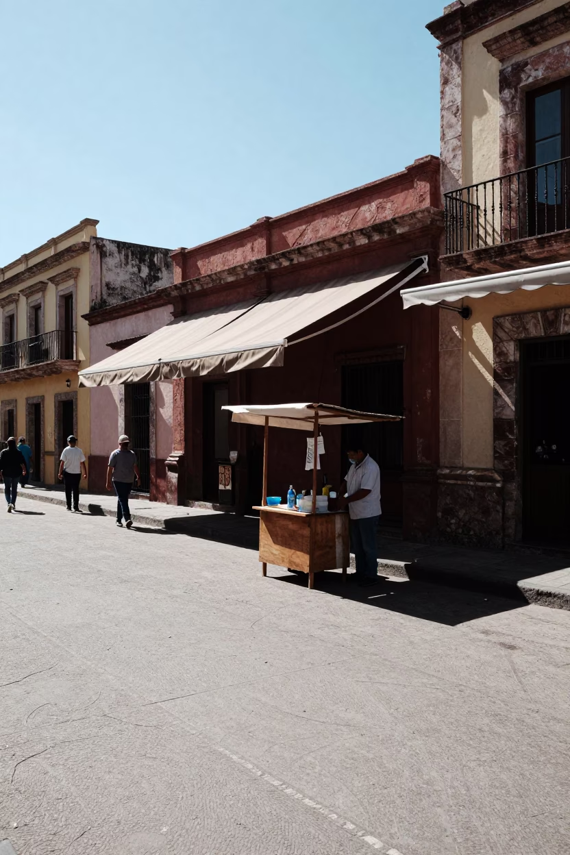 Merida Mexico Street Scene Under Harsh Noon Sunlight with Local Market Details in in Merida, Mexico