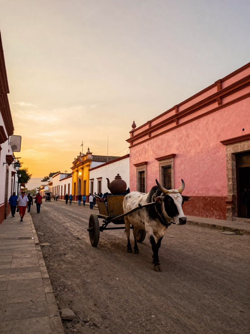 Merida Mexico Street Scene with Clay Teapot and Ox Cart at Sunset in in Merida, Mexico