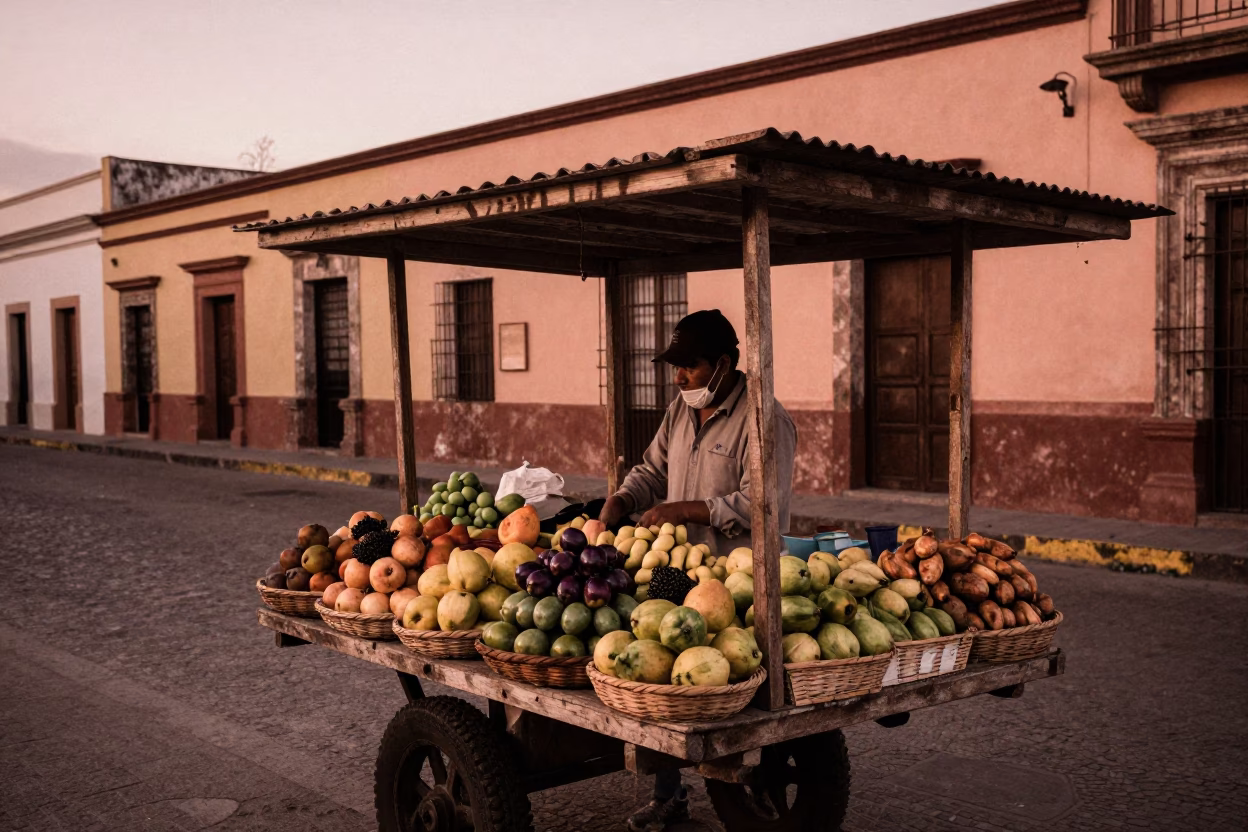 Merida Mexico Street Scene with Fruit Stall in Copper Dusk Light in in Merida, Mexico