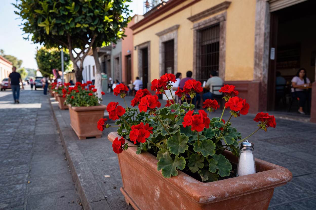 Merida Mexico Street Scene with Geraniums and Salt Shaker on Table in in Merida, Mexico