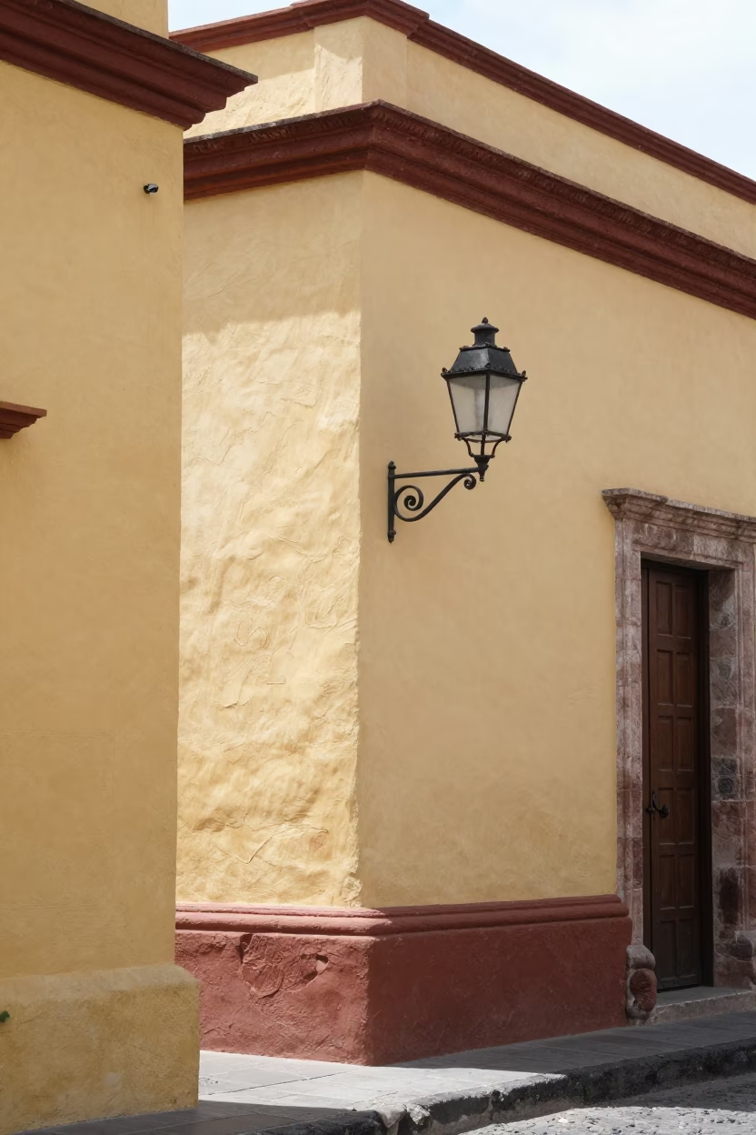 Merida Mexico Street Scene with Lantern and Colonial Architecture in Bright Midmorning Light in in Merida, Mexico
