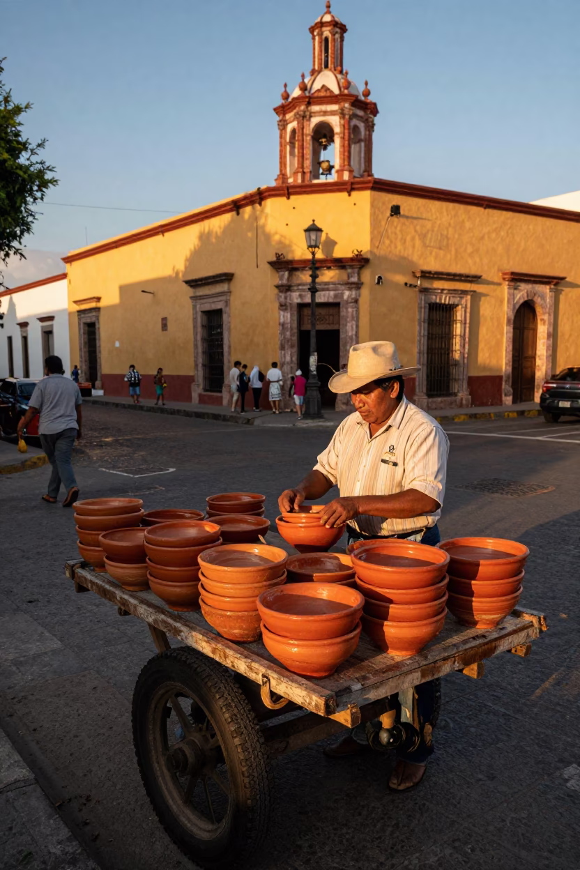Merida Mexico Street Scene with Terracotta Bowls and Evening Light in in Merida, Mexico