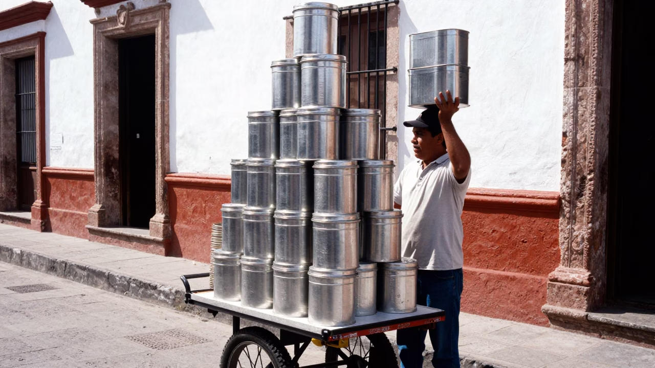 Merida Mexico Street Scene with Tiffin Tin and Local Vendor in Bright Midmorning Light in in Merida, Mexico