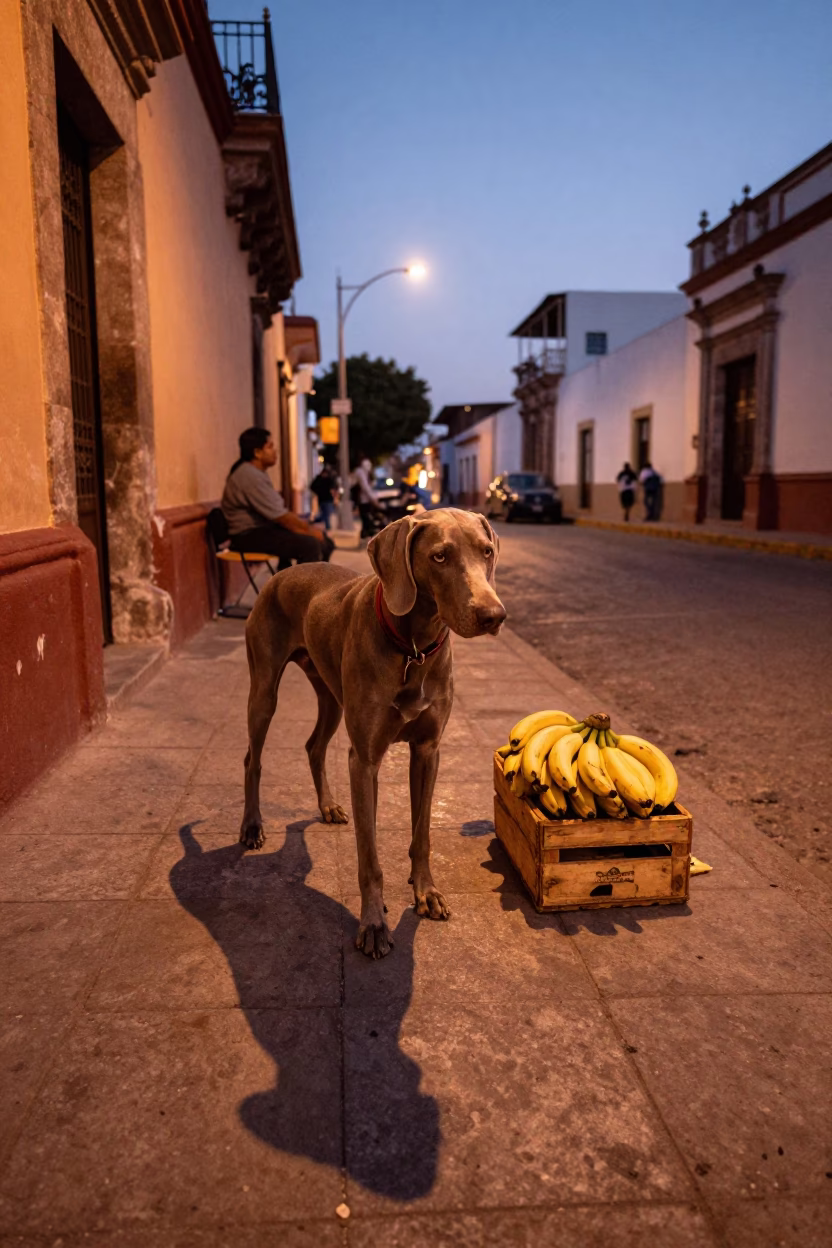 Merida Mexico Street Scene with Weimaraner and Bananas in Copper Dusk Light in in Merida, Mexico