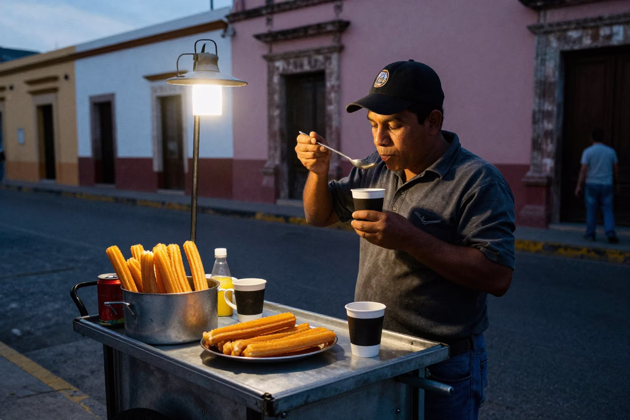 Merida Mexico street vendor selling churros and coffee in the predawn darkness in in Merida, Mexico