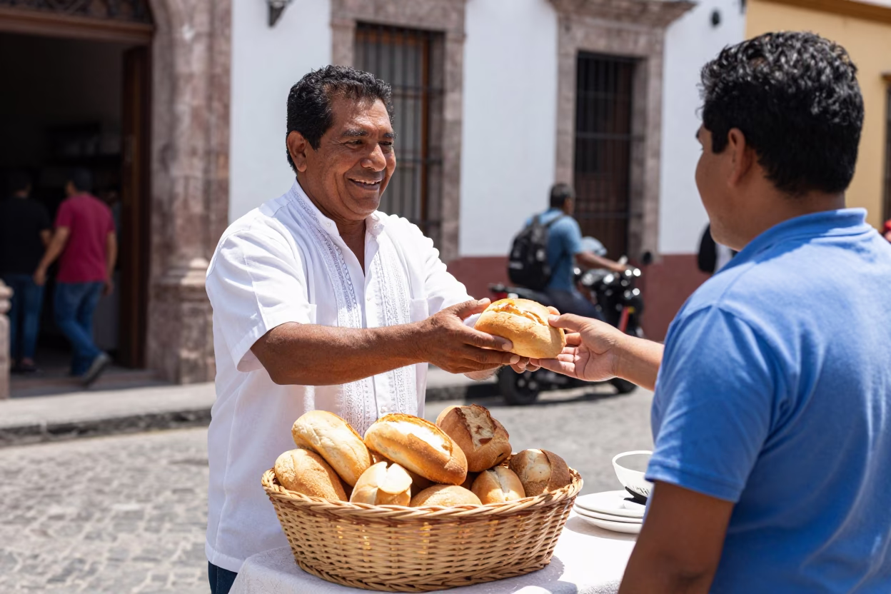 Merida Mexico Street Vendor Selling Fresh Bread Basket in Bright Midmorning Light in in Merida, Mexico