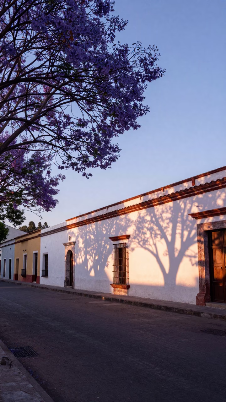 Merida Mexico Sunrise Street Scene with Jacaranda Bougainvillea and Local Market Stall in in Merida, Mexico