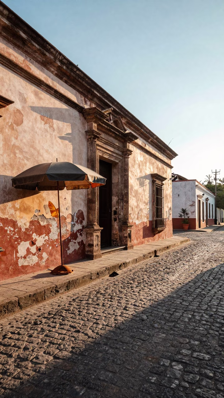 Merida Mexico Sunrise Street Scene with Umbrella Stand and Leaf Shadows in in Merida, Mexico