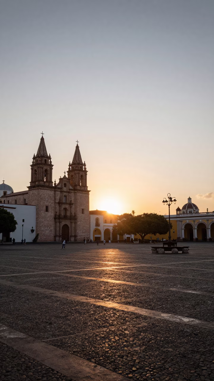 Merida Mexico Sunset Horizon View of Colonial Plaza and Evening Street Life in in Merida, Mexico