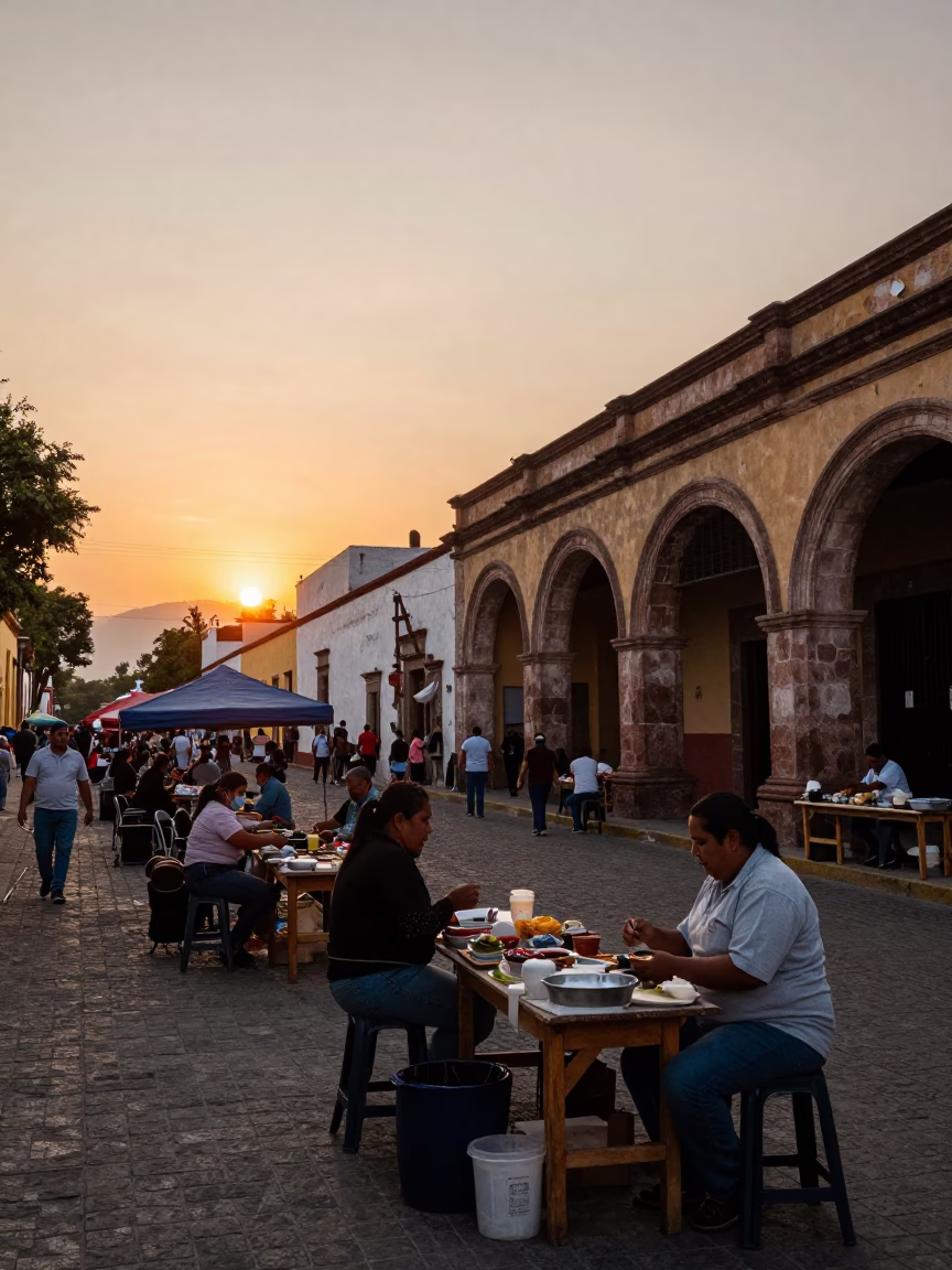 Merida Mexico Sunset Street Market Scene with Local Vendors and Colorful Plaza Ambiance in in Merida, Mexico
